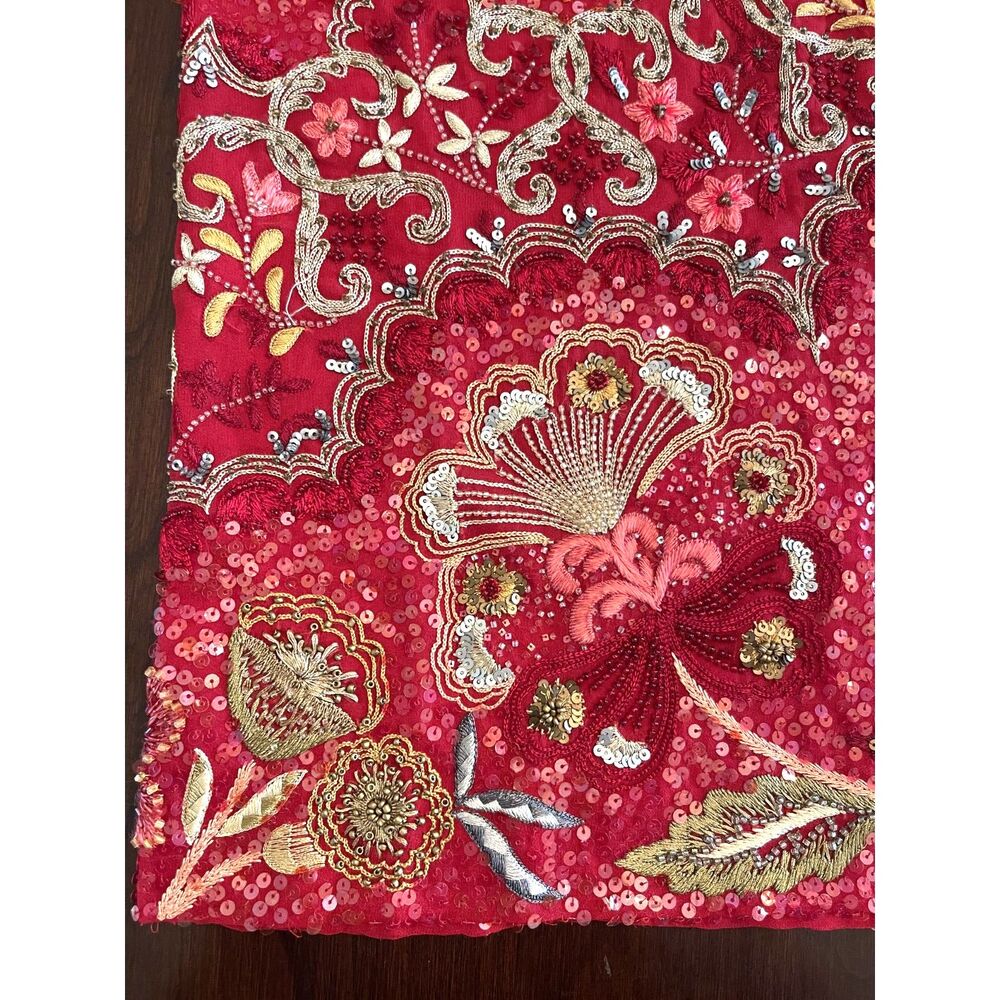 Vintage Megan Park England Floral Embroidered 100% Silk Scarf Red Beaded Shawl - Picture 3 of 11